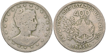 Бразилия 400 реалов 1901 MCMI, голова свободы вправо KM 505 медно-никель 4612-523