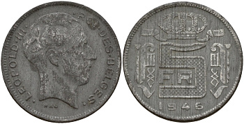 Бельгия 5 франков 1946 DES BELGES, Леопольд III (1934-1947) KM 130 цинк 4161-953