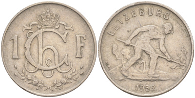 ЛЮКСЕМБУРГ 1 ФРАНК 1952 СТАЛЕВАР KM 46.2 медно-никель 212-1113