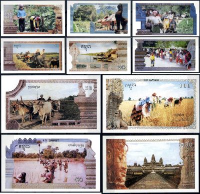 Камбоджа 5, 10, 20, 50 и 100 риэлей ND (1993-1999) выпущен для обращения в районах, оккупированных красными кхмерами, в обмен на таиландский бат Pick RX1, RX2, RX3, RX4 и RX5 бумага UNC (пресс) 451-648-1