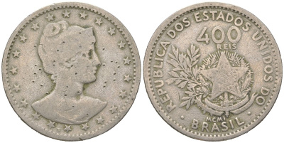 Бразилия 400 реалов 1901 MCMI, голова свободы вправо KM 505 медно-никель 4612-523