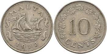 Мальта 10 центов 1972 баржа Великого магистра KM 11 медно-никель 82-326