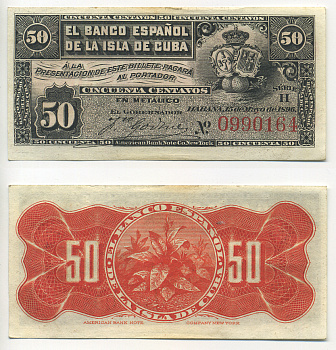 КУБА 50 СЕНТАВО 1896 БАНК ИСПАНИИ ДЛЯ КУБЫ Pick 46а бумага аUNC 448-32-1-1