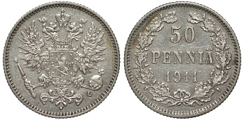 Россия для Финляндии 50 пенни 1911 L, Николай II (1894-1917) КМ 2.2, Биткин 404 серебро 75-851