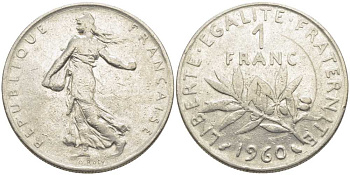 ФРАНЦИЯ 1 ФРАНК 1960 СЕЯТЕЛЬ KM 925.1, LE FRANC 226.4 никель 175-455