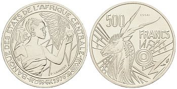 Центральноафриканский Валютный Союз (BEAC) 500 франков 1976 D (Габон), PROBA, ESSAI, пробная монета KM E9 никель UNC 3711-134