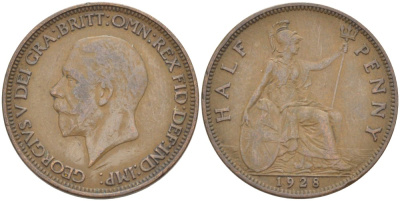 Великобритания 1/2 пенни 1928 Георг V (1910-1936) KM 837, Spink 4058 бронза 4513-537