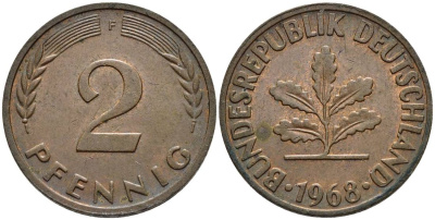 ФРГ 2 пфеннига 1968 G KM 106a, J.381a сталь плакированная медью 4546-947