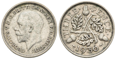 Великобритания 3 пенса 1936 Георг V (1910-1936) KM 831, Spink 4042 серебро 4609-743