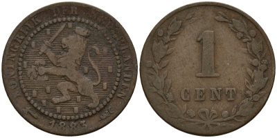 Нидерланды 1 цент 1883 Виллем III (1849-1890) KM 107 бронза 4154-862