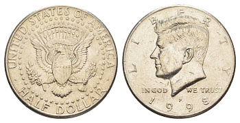 США 1/2 доллара (50 центов) 1998 P, Джон Кеннеди KM A202b медь плакированная медно-никелем aUNC 4517-915