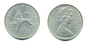 Великобритания 10 пенсов 1969 Елизавета II (1952-2022) KM 912, Spink 4231 (F1) медно-никель 4383-927