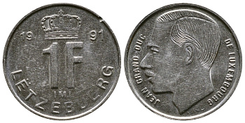 ЛЮКСЕМБУРГ 1 ФРАНК 1991 ВЕЛИКИЙ ГЕРЦОГ ЖАН KM 63 никель сталь 57-251