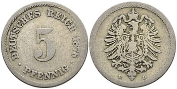 ГЕРМАНИЯ 5 ПФЕННИГОВ 1876 D, СТАРОГЕРБОВКА KM 3, Jager 3, Weege 5 медно-никель 4546-1043