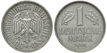 ФРГ 1 МАРКА 1954 F KM 110, J. 385 медно-никель 72-625