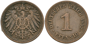 Германия 1 пфенниг 1892 E, Вильгельм II (1888-1918) KM 10, J. 10 медь 4608-156