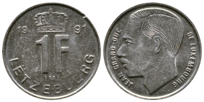 ЛЮКСЕМБУРГ 1 ФРАНК 1991 ВЕЛИКИЙ ГЕРЦОГ ЖАН KM 63 никель сталь 57-251