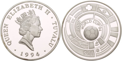 Тувалу 20 долларов 1994 чемпионат мира по футболу 1994 года В США, флаги стран в спирали KM 22 серебро PROOF 1081-8-53