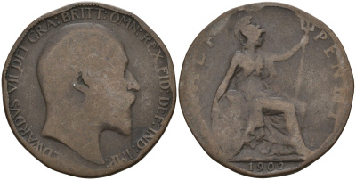 Великобритания 1/2 пенни 1902 Эдуард VII (1901-1910) KM 793.2, Spink 3991 бронза 4143-637