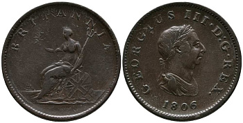 Великобритания 1/2 пенни 1806 Георг III (1760-1820) KM 662, Spink 3781 медь 1518-912