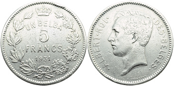 БЕЛЬГИЯ 5 ФРАНКОВ 1931 BELGES KM 97.1 никель 3999-1012