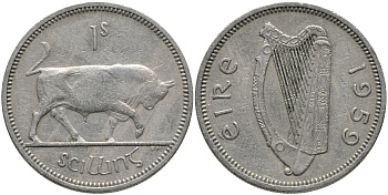 ИРЛАНДИЯ 1 ШИЛЛИНГ 1959 БЫК KM 14а медно-никель 89-532