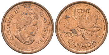 Канада 1 цент 2004 Елизавета II (1952-2022), кленовый лист KM 490 цинк плакированная едью aUNC 4617-919