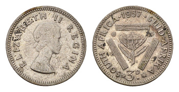 ЮАР 3 пенса 1957 Елизавета II (1952-2022) KM 47 серебро 4547-748