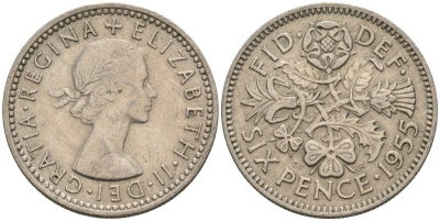 Великобритания 6 пенсов 1955 Елизавета II (1952-2022) KM 903, Spink 4149 медно-никель 4596-1037