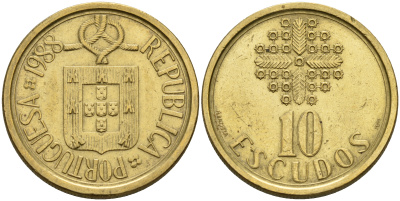 Португалия 10 эскудо 1988  KM 633 никель латунь    4161-836