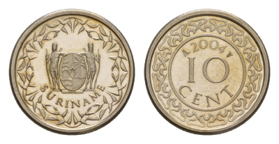 Суринам 10 центов 2004 тираж 4000 экземпляров KM 13a медно-никель BU 4649-1015