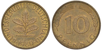 ФРГ 10 пфеннигов 1989 F KM 108, J 383 сталь плакированная латунью 25-1825