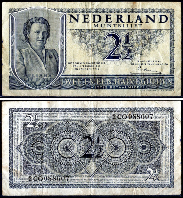 Нидерланды 2 1/2 гульдена 1949 Pick 73 бумага 7551-9-1-2