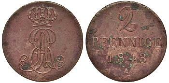 Ганновер 2 пфеннига 1843 A, Эрнст Август (1837-1851) KM 174.1, AKS 122, J. 55 медь 75-1744