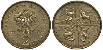 Польша 2 злотых 2000 MW, великий юбилей 2000, миллениум KM 376 нордик 111-644