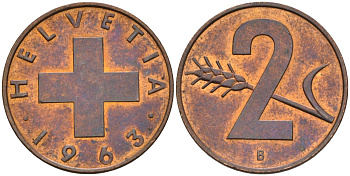 Швейцария 2 раппена 1963 В KM 47 бронза 4591-1237