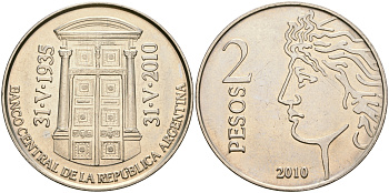 Аргентина 2 песо 2010 75 лет Центральному Банку KM 162 медно-никель UNC 4607-624
