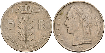 Бельгия 5 франков 1961 Belgique KM 134.1 медно-никель    4187-224