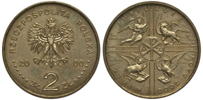 Польша 2 злотых 2000 MW, великий юбилей 2000, миллениум KM 376 нордик 111-644