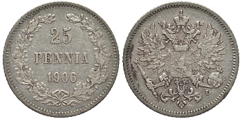 РОССИЯ ДЛЯ ФИНЛЯНДИИ 25 ПЕННИ 1906 L, НИКОЛАЙ II KM 6.2, Биткин 414 серебро 443-835