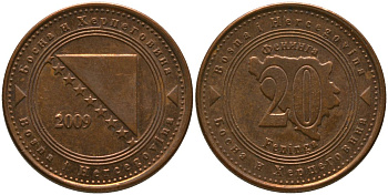 Босния и Герцеговина 20 фенингов 2009 KM 116 сталь плакированная медью 4551-923