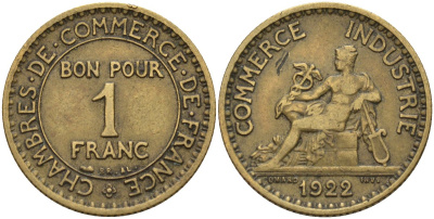 Франция 1 франк 1922 KM 876, Le Franc 218.5 алюминиевая бронза 4142-633