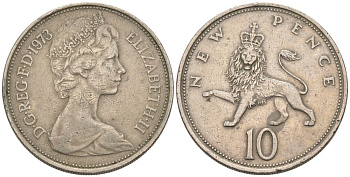 Великобритания 10 пенсов 1973 Елизавета II (1952-2022) KM 912, Spink 4231 (F1) медно-никель 81-126