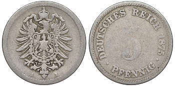 ГЕРМАНИЯ 5 ПФЕННИГОВ 1875 A, СТАРОГЕРБОВКА KM 3, J.3 медно-никель 45-443