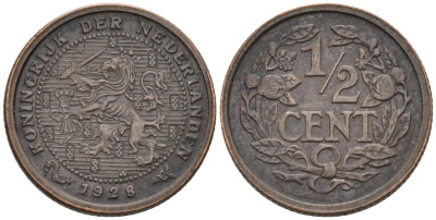 Нидерланды 1/2 цента 1928 Вильгельмина (1890-1948) KM 138 бронза 4576-467