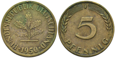 ФРГ 5 ПФЕННИГОВ 1950 J KM 107, J.382 сталь плакированная латунью 75-457