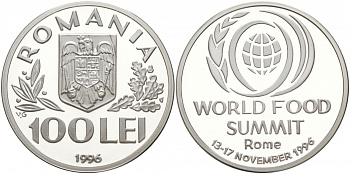 Румыния 100 леев 1996 FAO, мировой саммит продовольствия в Риме ​KM 133 серебро PROOF 1091-2-12