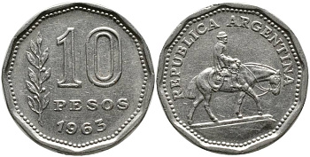 Аргентина 10 песо 1963 Гаучо KM 60 никелированная сталь 4525-941