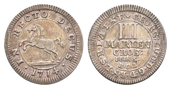 Брауншвейг-Каленберг-Ганновер 4 мариенгроша 1714 HCB, Георг I (1698-1727), из коллекции Ричарда Б. Смита Welter 2197, KM 33 серебро 1525-633