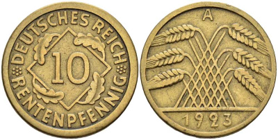 ГЕРМАНИЯ 10 РЕНТЕНПФЕННИГОВ 1923 А KM 33, J. 309 алюминиевая бронза 4401-342